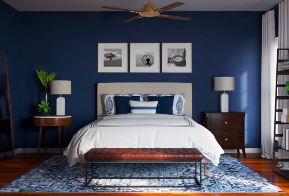 blue accent wall and use wallpaper